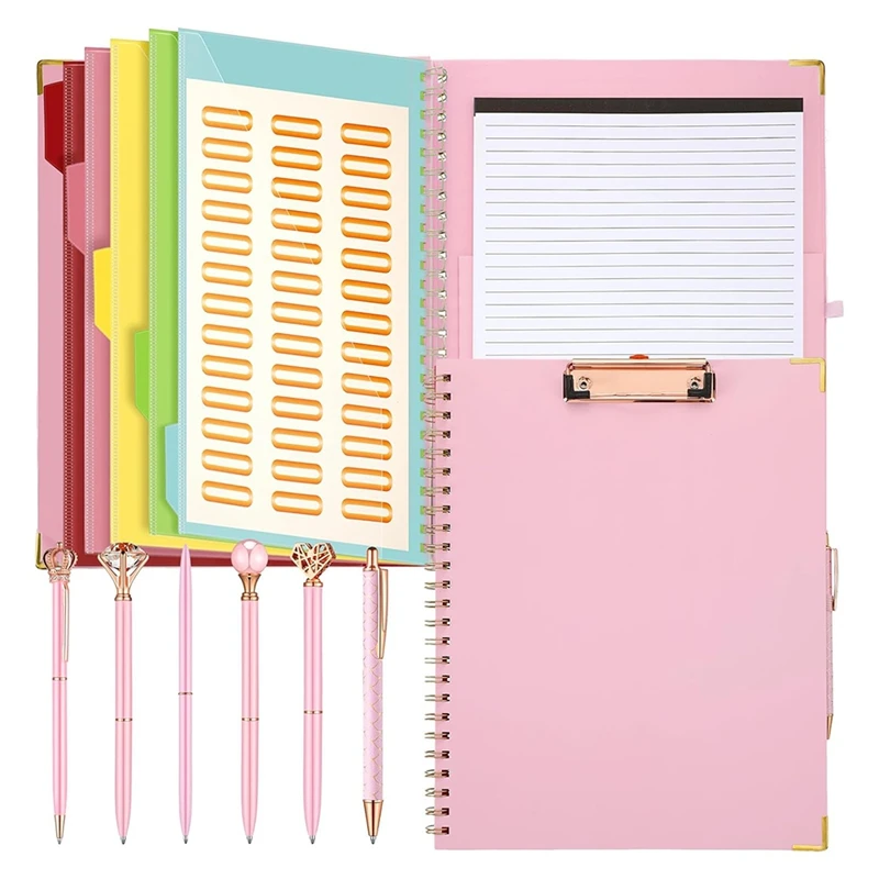 A48R-Refillable Notepad Ballpoint Pen Set,5Dividers With 10 Storage Pockets Clipboard Binder Crystal Diamond Pen For School