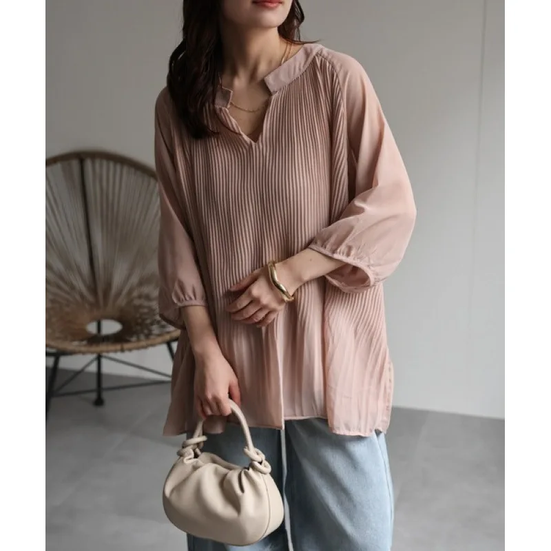 

New Style Causal Pleated Chiffon Mid Sleeve Top Fashion Women's V-neck Chiffon Shirt