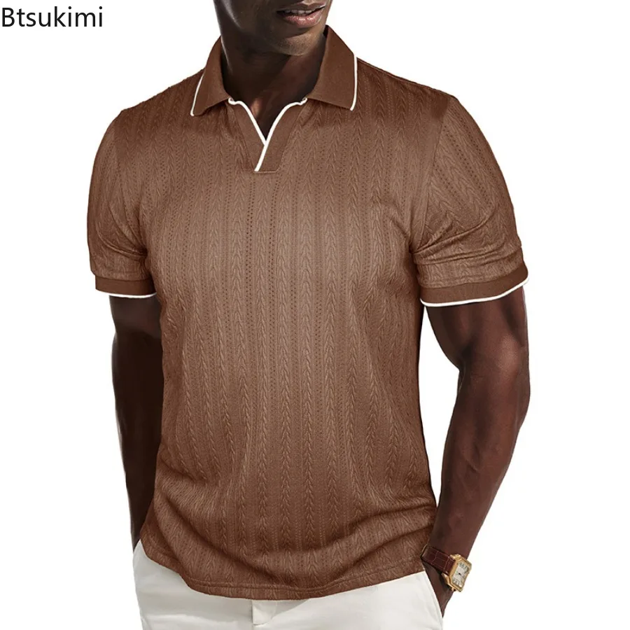 New Men's Textured Jacquard Knit Short Sleeve Polo Shirt Summer Regular Fit Stretch Golf Shirt Comfortable Breathable Garment