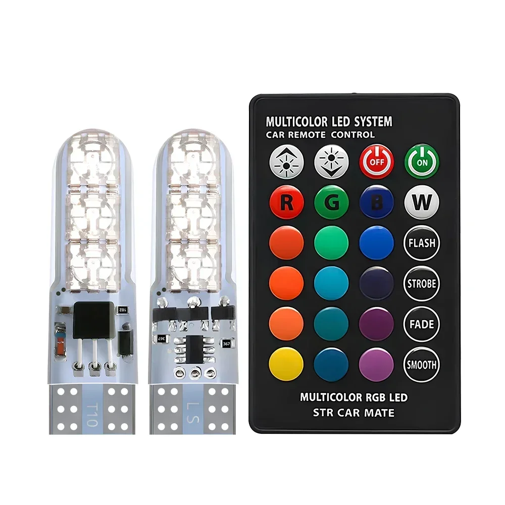 

2pcs T10 W5W RGB LED Canbus 194 168 Led Bulb W5W 5050SMD Car Dome Reading Light SilicaGel Led Wedge Side Lamp Remote Control