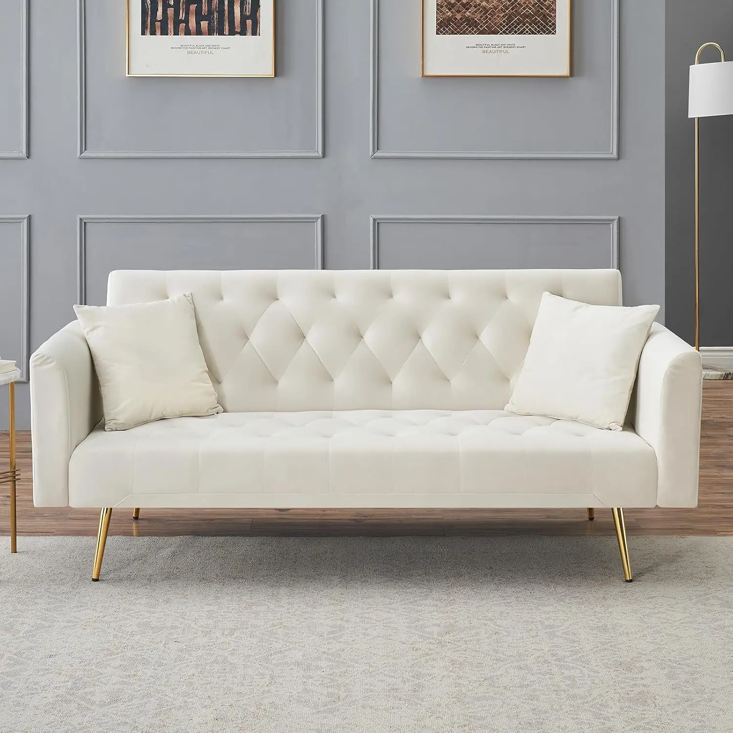 أريكة سرير مخملية حديثة مقاس 71 بوصة أريكة نوم قابلة للتحويل مع مسند ظهر قابل للتعديل معنقدة كرسي Loveseat مع كروم ذهبي