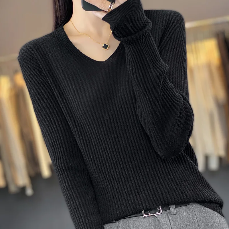 Women 100% Merino Wool Silk Sweater V-neck Folded Honeycomb Grid Pullover Spring Autumn Cashmere Casual Knit Warm Bottoming Tops