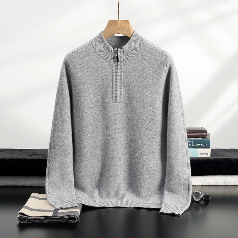 Autumn/winter cashmere sweater for men heavy zipper knit long sleeve semi-high neck vertical strip bottom knit sweater