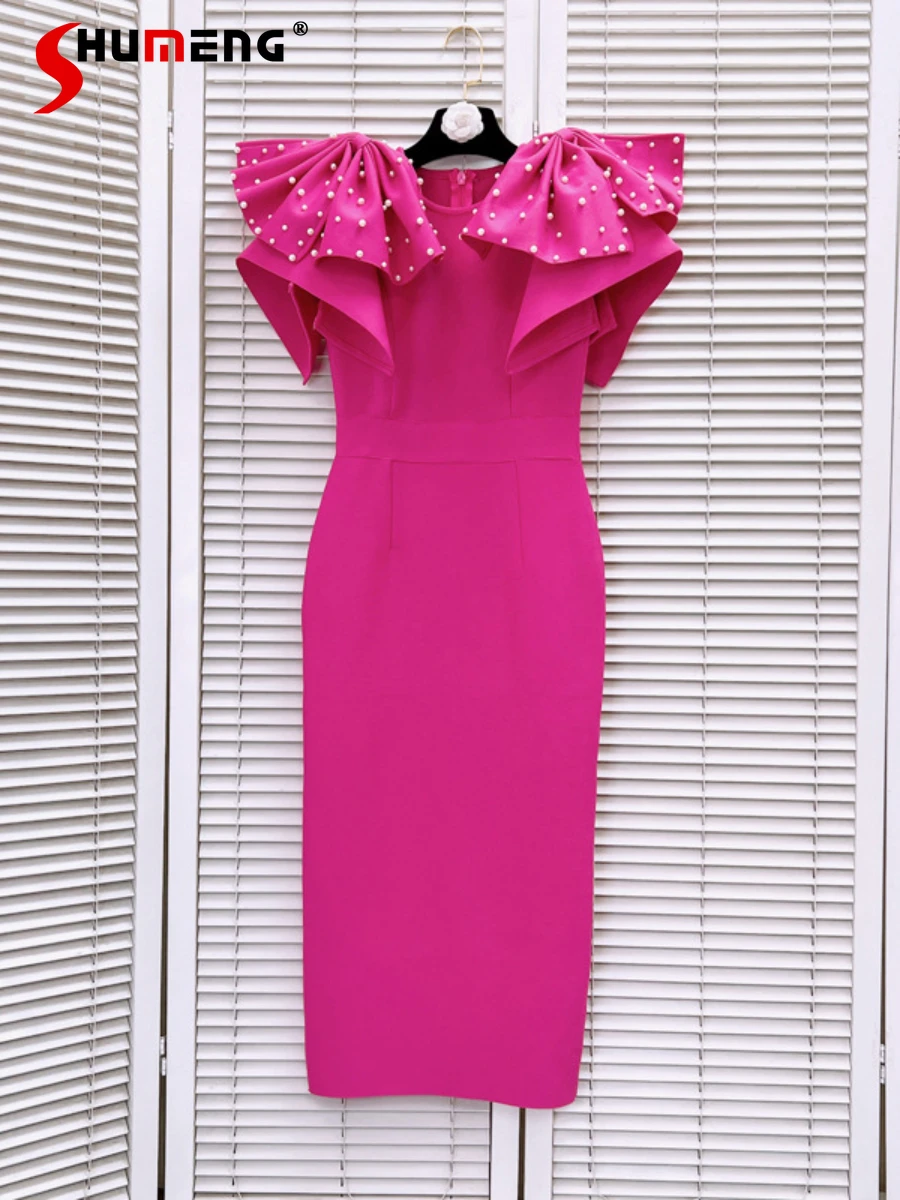 

2024 Summer Women's Dresses Rose Red Sleeveless Round Neck Beaded Bow Midi Dress Female Socialite Elegant Slimming Dresses