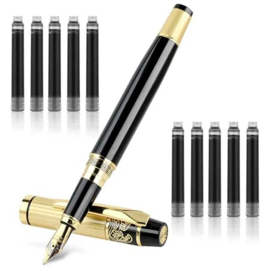 

Metal Fountain Pens, With 10 Ink 2.6mm Cartridges, 0.5mm Luxury Fine Point Fountain Pen Business Pen Smooth Writing Stainless S