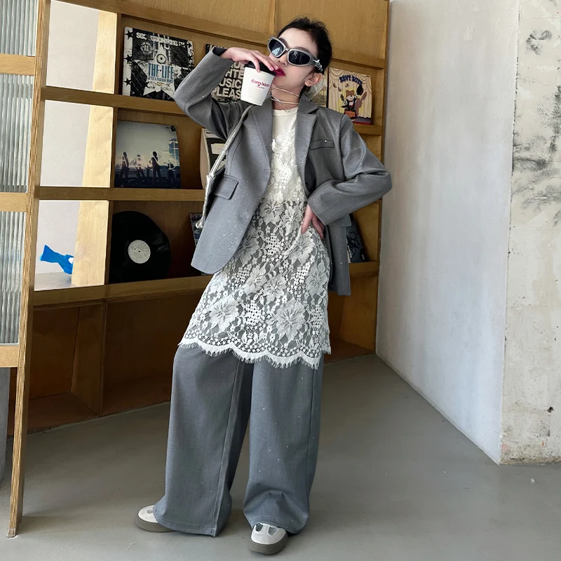 design teen girl shiny suit set black gray Blazer+Wide leg pants 2pc junior kid clothes sets child outftis vetement enfant fille
