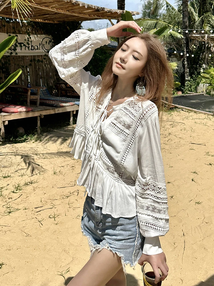 GypsyLady French Lace Chic Shirt Blouse Crochet Hollow Out White Cotton Summer Long Sleeve Women Holiday Beach Sexy Ladies Tops