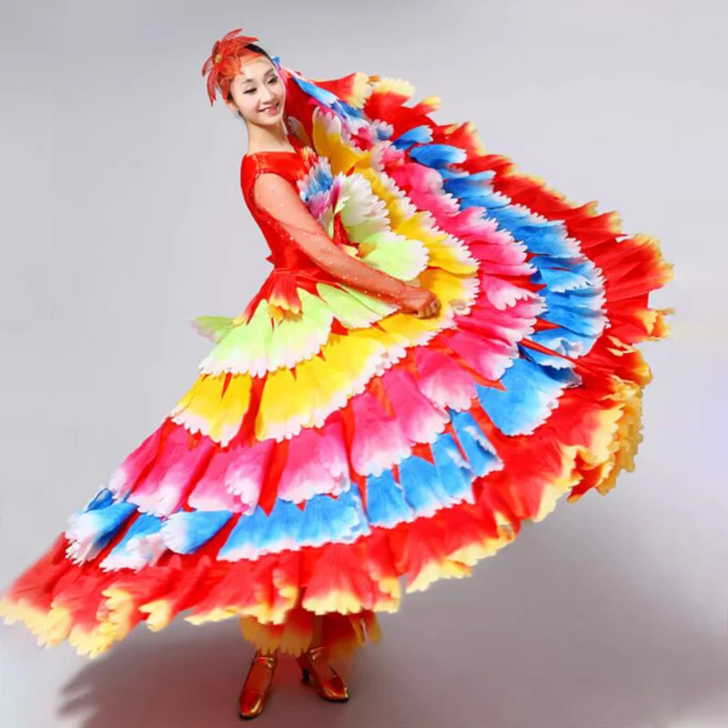 Damen Spanisches Flamenco Stierkampf-Kleid, Eröffnungstanz, Großer Schwung, Blütenblatt-Design, Klassische Kleider, Bühnentänzerin, Performance-Rock, Kostüm – Detail 14
