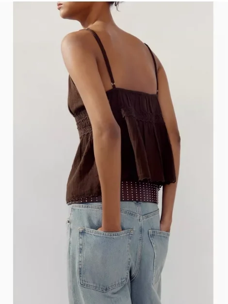 

Summer 2025 New Sweet Lace Embroidery Thin Veil Strap V-ne Tank Top Women's Faion Cotton Blend Straight Cut Single Button