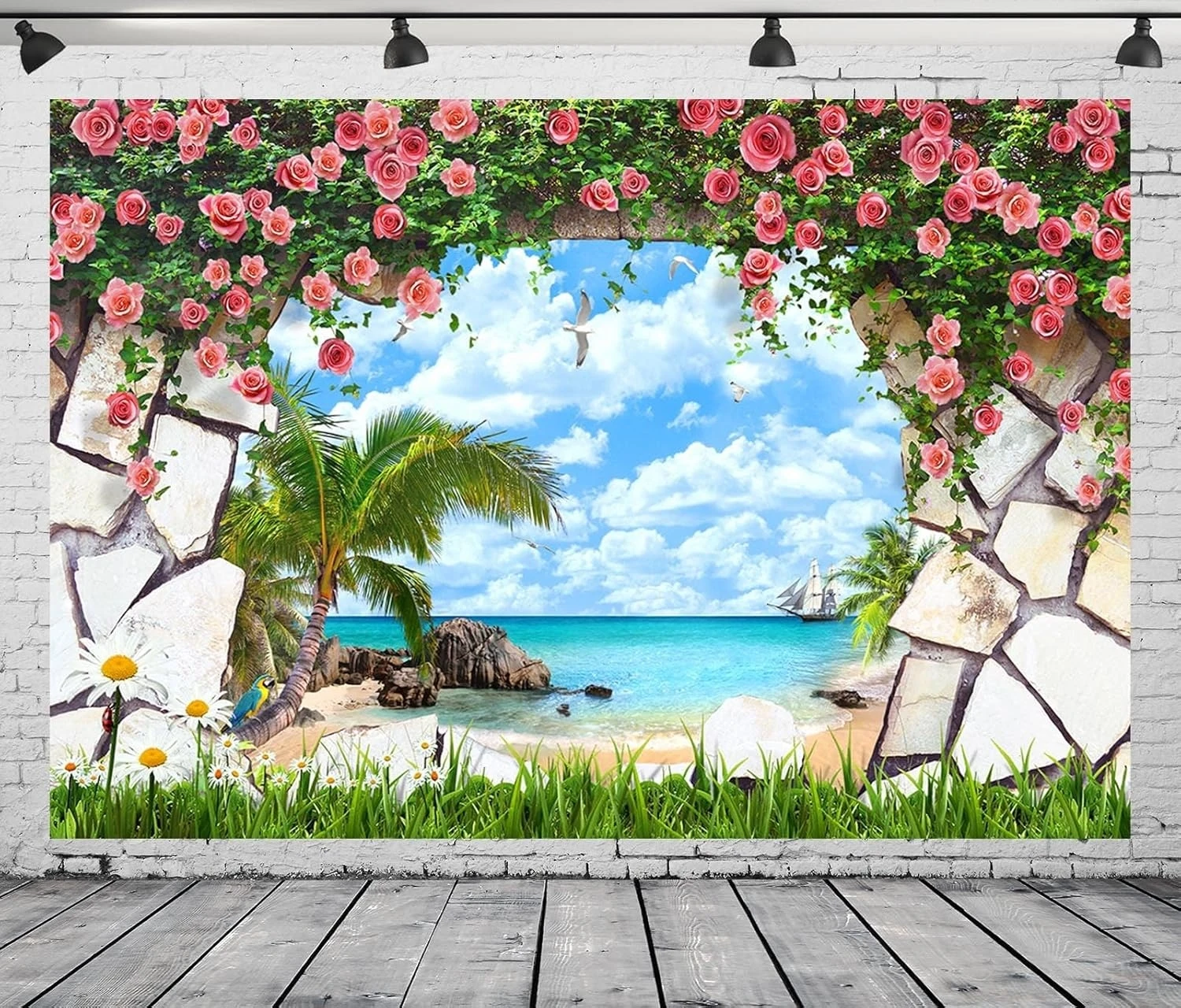 열대 해변 문 핑크 장미 꽃 돌 벽 야자수 배경 컴퓨터 인쇄 경치 좋은 사진 스튜디오 배경