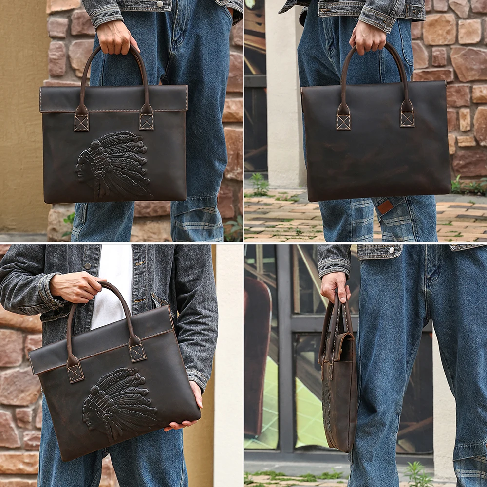 Crazy Horse-Bolso de mano para hombre, maletín de cuero ligero para ordenador portátil, viaje de negocios