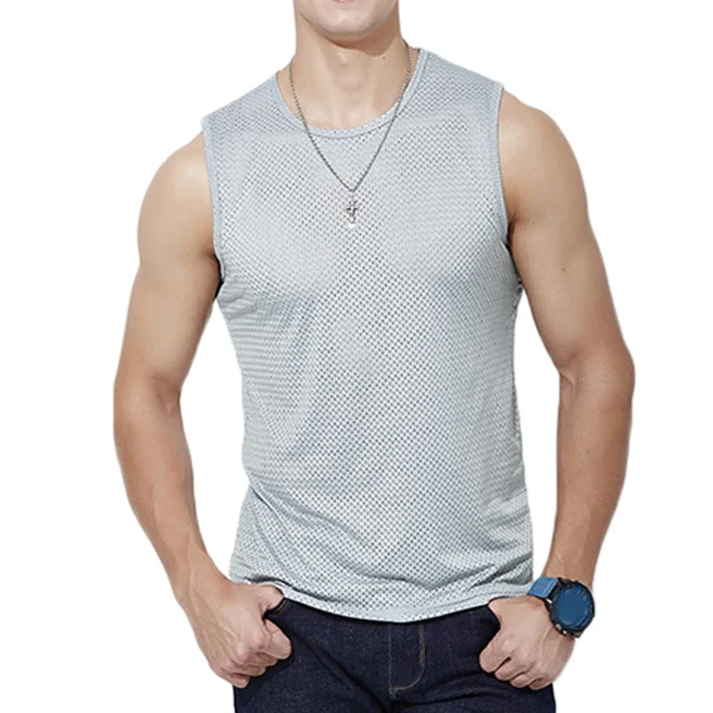 Shirts Sleeveless Ice Thin Eye Tops Ice Wear Silk Silk Screen Sport Breathable Mesh Outer Quick-drying Hole Men Casual Vest