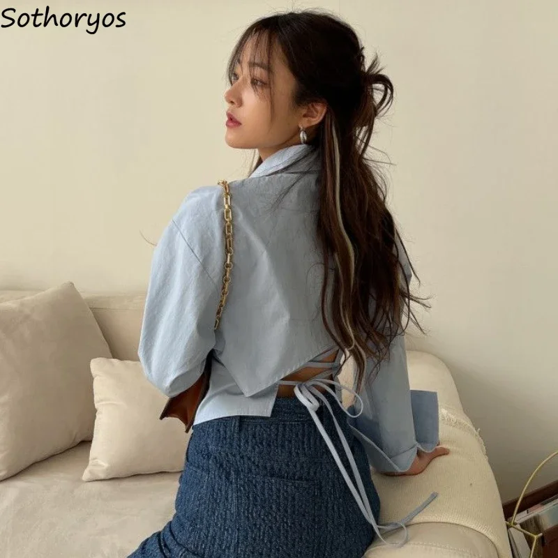 Long Sleeve Shirts Women Lace-up Design Sweet Crop Tops Fashion Spring All-match Korean Style Students Classic Рубашка Женская