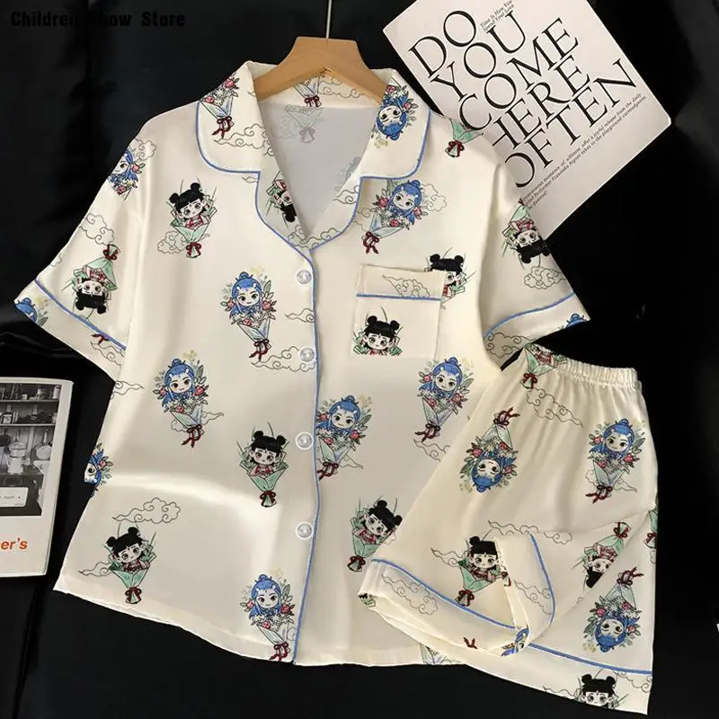 Chinese Film Nezha Aobing Cartoon Print Pajamas Women Short Sleeve Shirt Shorts Sexy Home Clothes Loungewear Female 2Pcs Pjs