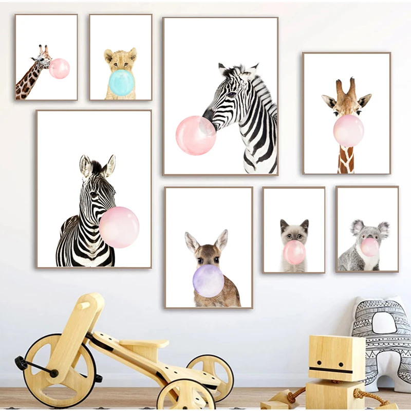 Funny Bubble Chewing Gum Zebra Giraffe Animal Poster Nordic Decorative Paintings Canvas Wall Art Pictures Kid Room Nursery Decor