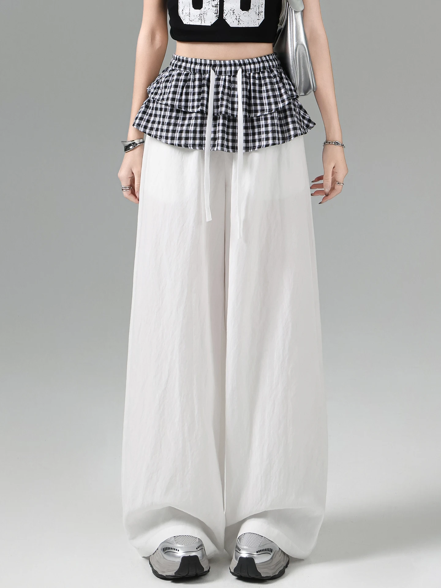 

Women's Summer Thin Wide Leg Pants Fabric High Waist Plaid Skirt Pants Casual Trousers American Style