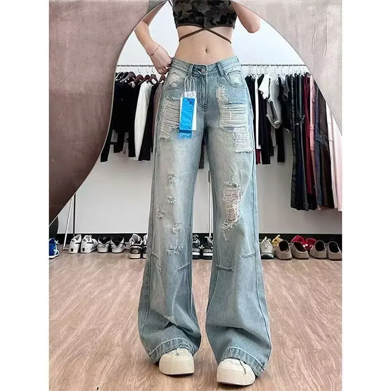 Y2K renda rasgada perna larga jeans meninas primavera verão solto ajuste até o chão calças da moda
