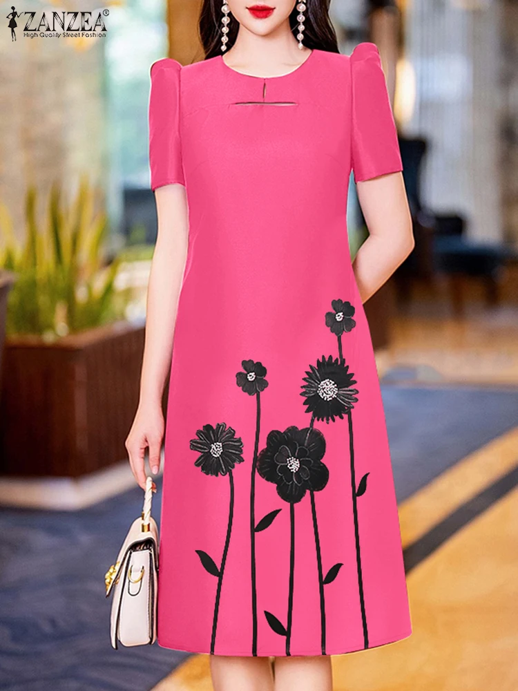 エレガントな女性用花柄プリントミディ丈ワンピース 2025 ZANZEA サマーオフィスワークサテンドレス スタイリッシュなパーティーサンドレス 半袖ワンピース