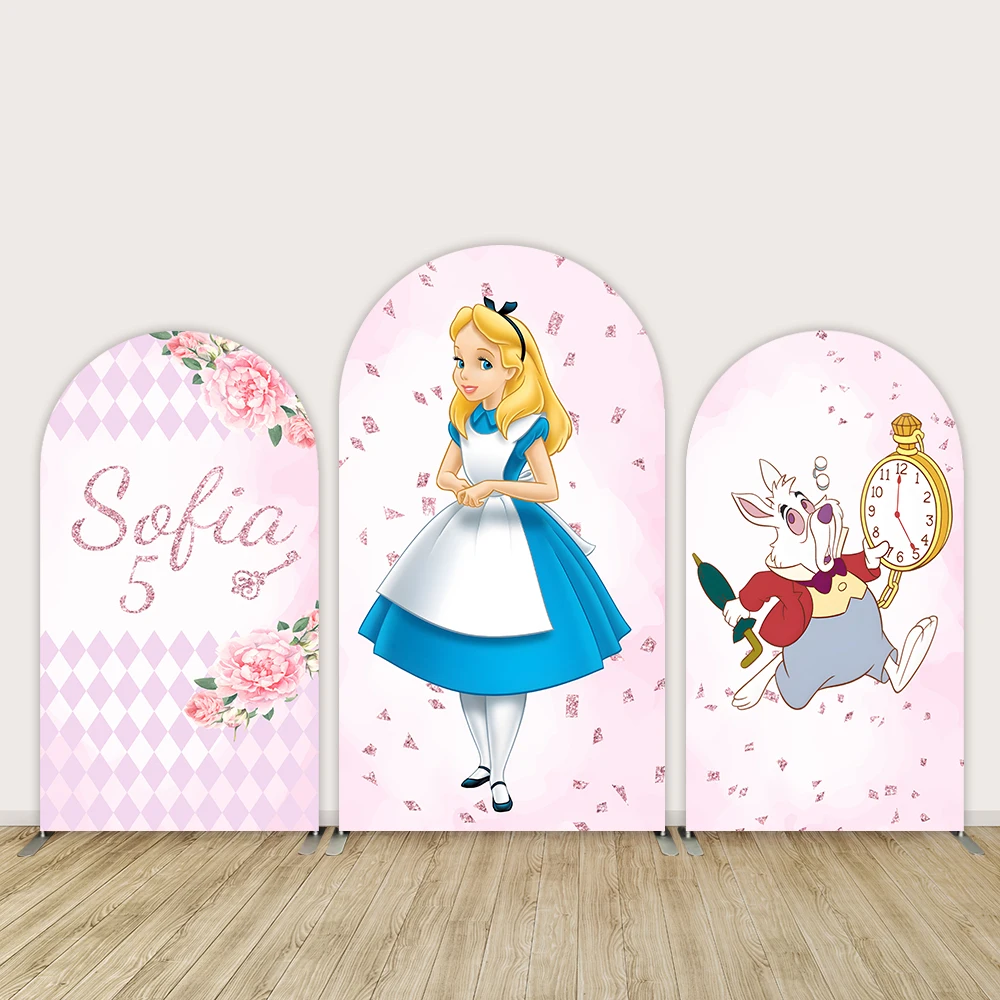 

Alice In Wonderland Arched Wall Backdrop Cover Baby Girl Birthday Party Photo Backdrops Doubledside Elastic Photobooth