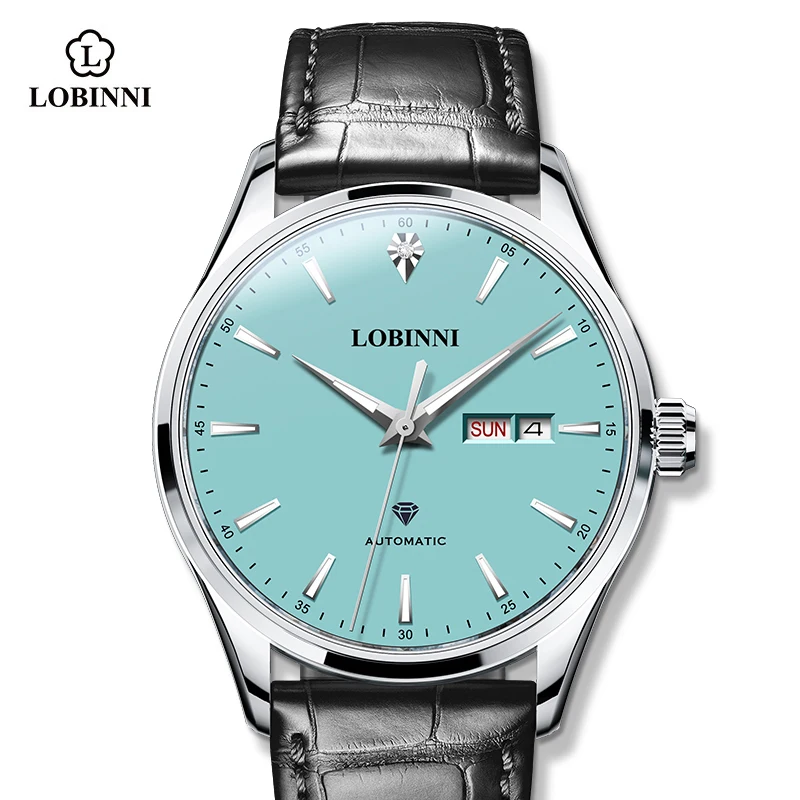 

LOBINNI Hot Leather Strap Sapphire Crystal Glass Automatic Movement Date Calendar Wrist Watch