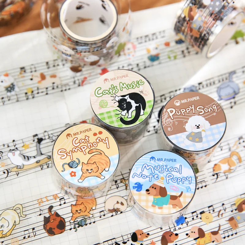 Cute Pet Music Sheet Series Washi Tape 200cm Adhesive-Backed Sticker for Journaling Diary Frame Background Decorative Material