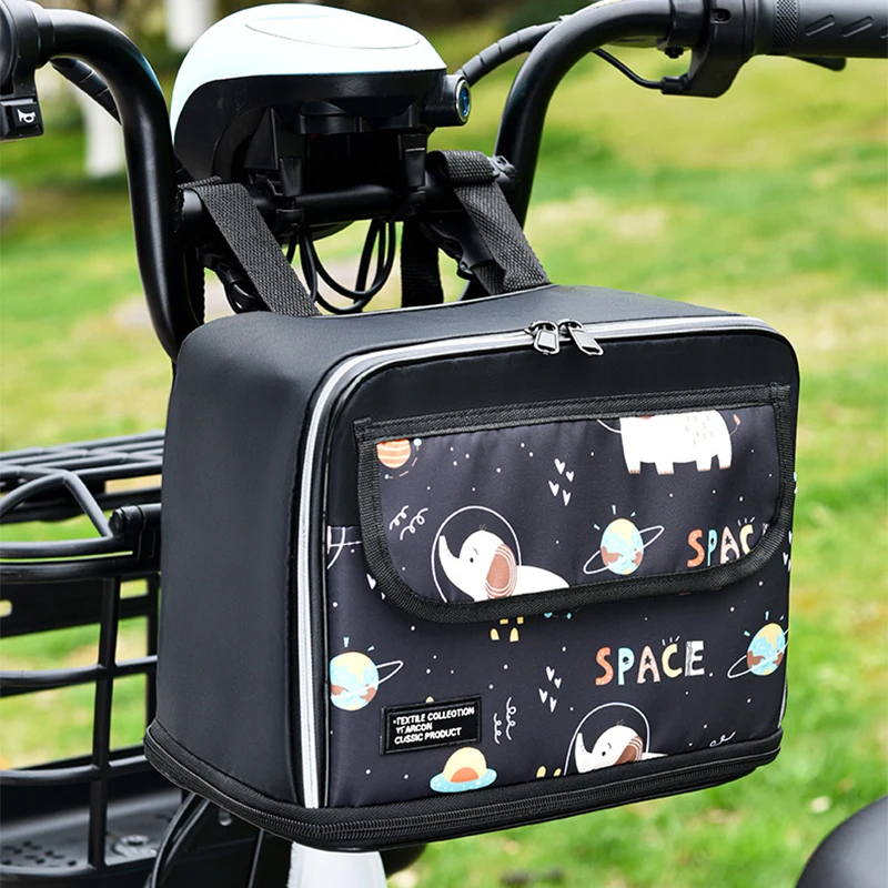 Electric Bicycle Storage Bag Cartoon Black Waterproof Cycling Front Hang Bags Portable Electric Bike Charger Raincoat Pocket