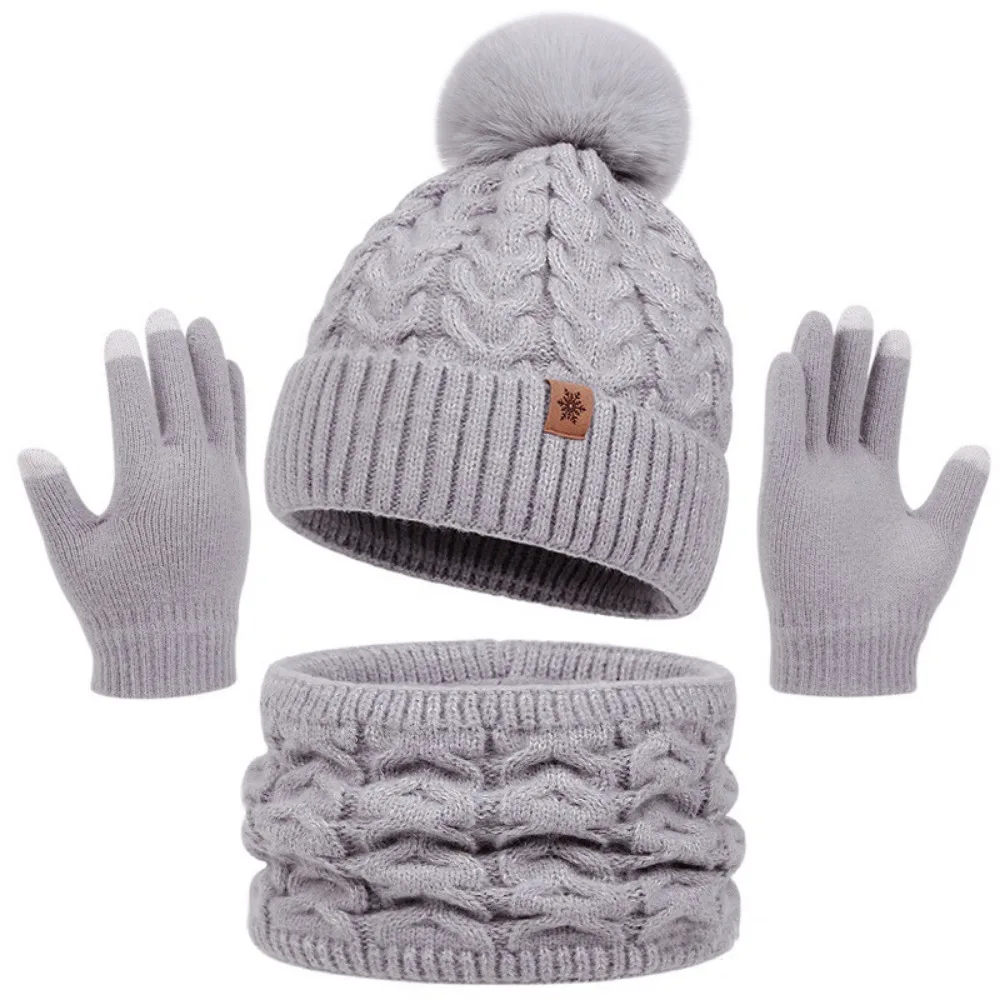 

Thickened Women Hat Scarf Gloves Set Beanie Hat Solid Color Winter Knit Gloves Set Warm Thermal Pompom Beanies Hat Outdoor