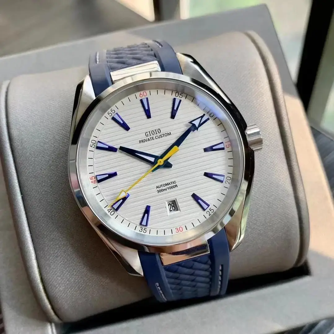 

Роскошные новые автоматические часы для мужчин, механические часы из нержавеющей стали, синий, черный, резиновый ремешок, модный белый циферблат