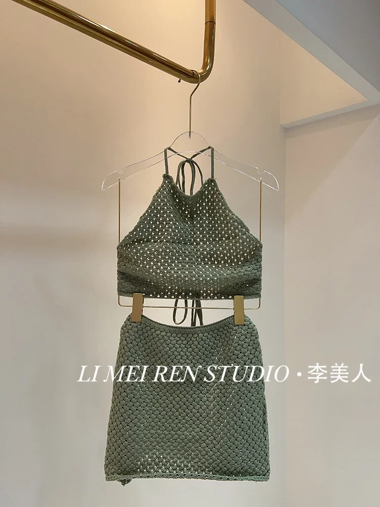 New Green Knitted Hollow Neck Strap Skirt Split Bikini Swimsuit Women's Set