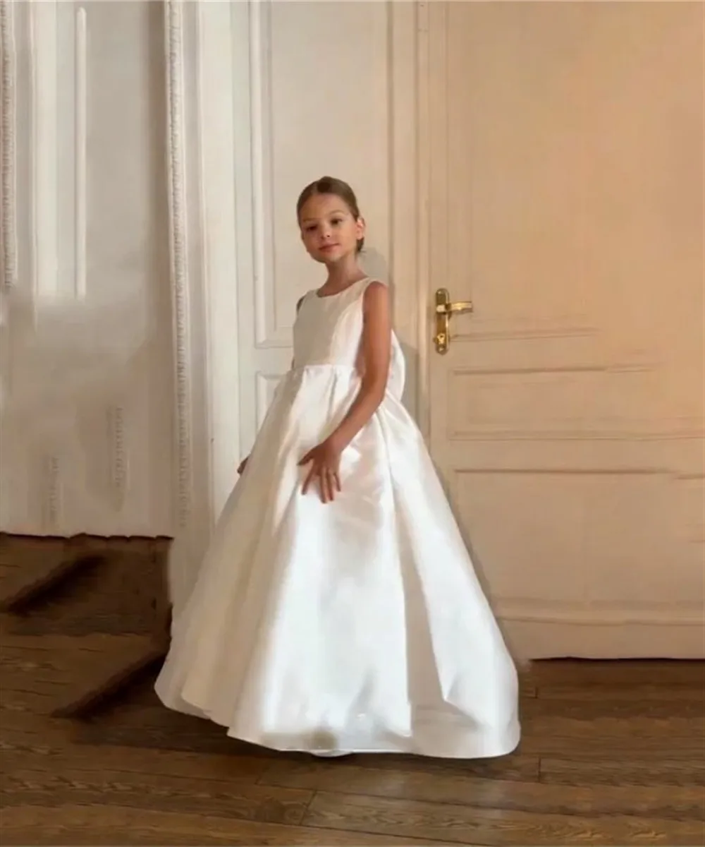 Elegant Flower Girl Wedding Dress Stain Sleeveless with Bow Child Kids First Communion Birthday Gown vestidos de novia comunión