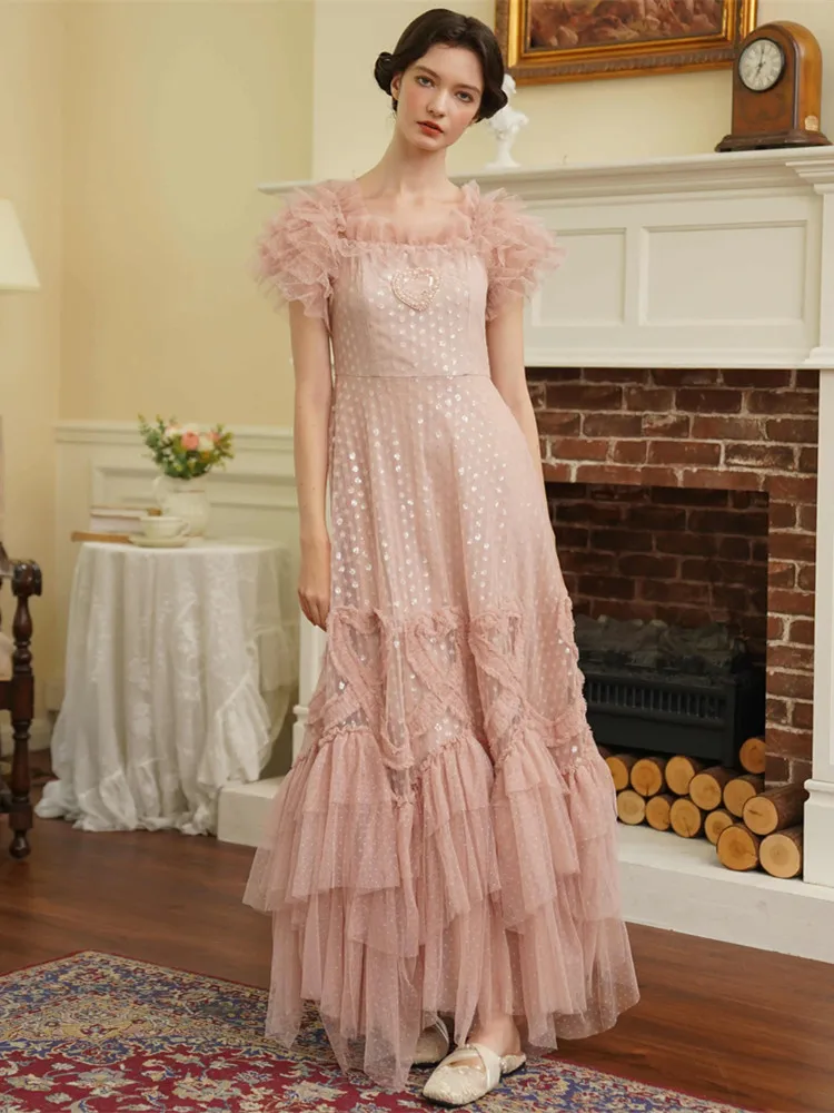 82-94cmBust Geburtstagskleid Damen Vintage ElegantSlim Handgemacht Perlen Herz Pailletten Extra großer Saum Romantisches leichtes Hochzeitskleid