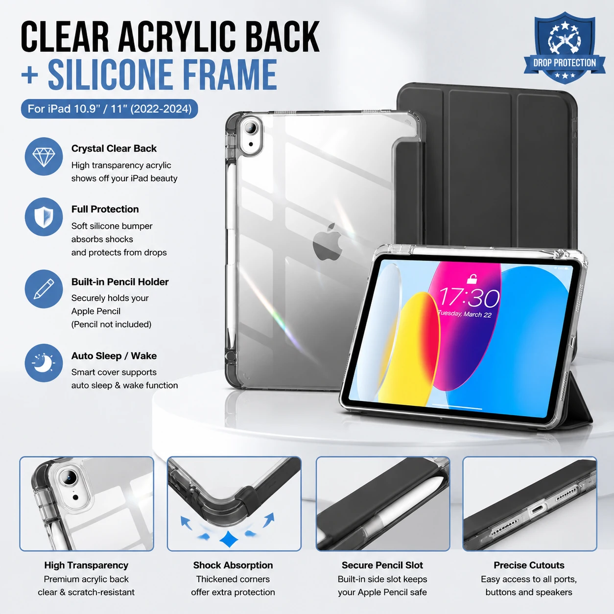 Clear Acrylic Back For iPad Case Silicone Frame Compatible For iPad 10.2 10.9 Air 4 5 Pro 11 2018-2025 Shockproof Auto Sleep