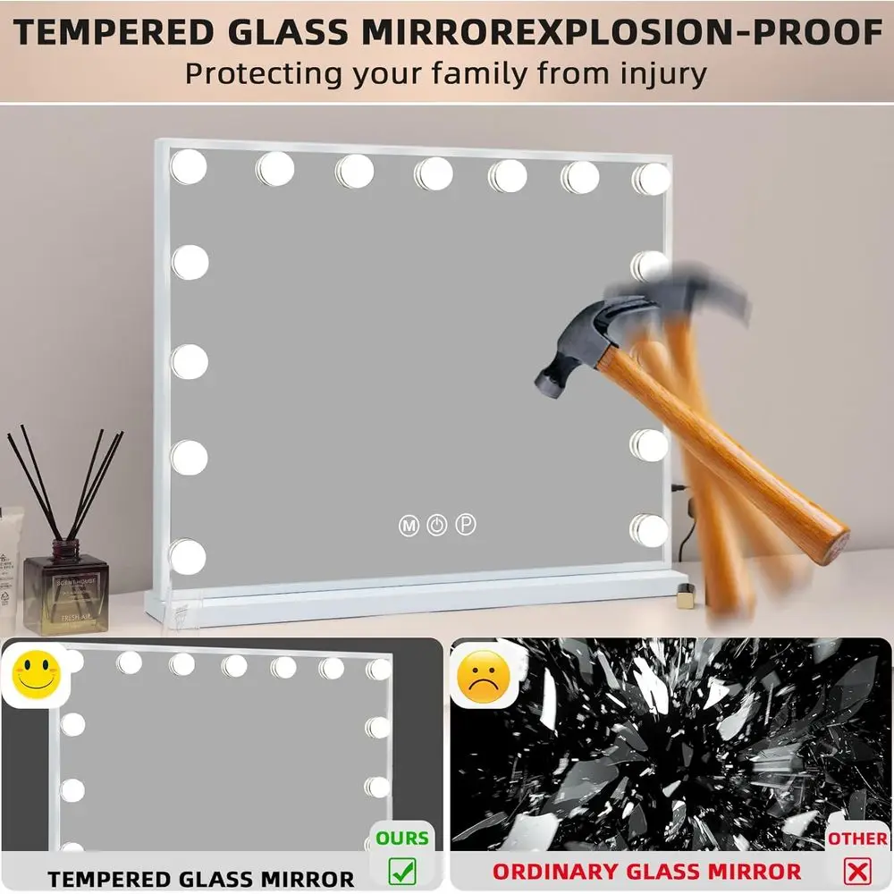 Косметическое зеркало со светодиодной подсветкой 22,8x18,1, 15 лампочек с регулируемой яркостью, 3 цветовыми режимами, голливудский стиль, зарядка через USB, увеличительное зеркало 10X