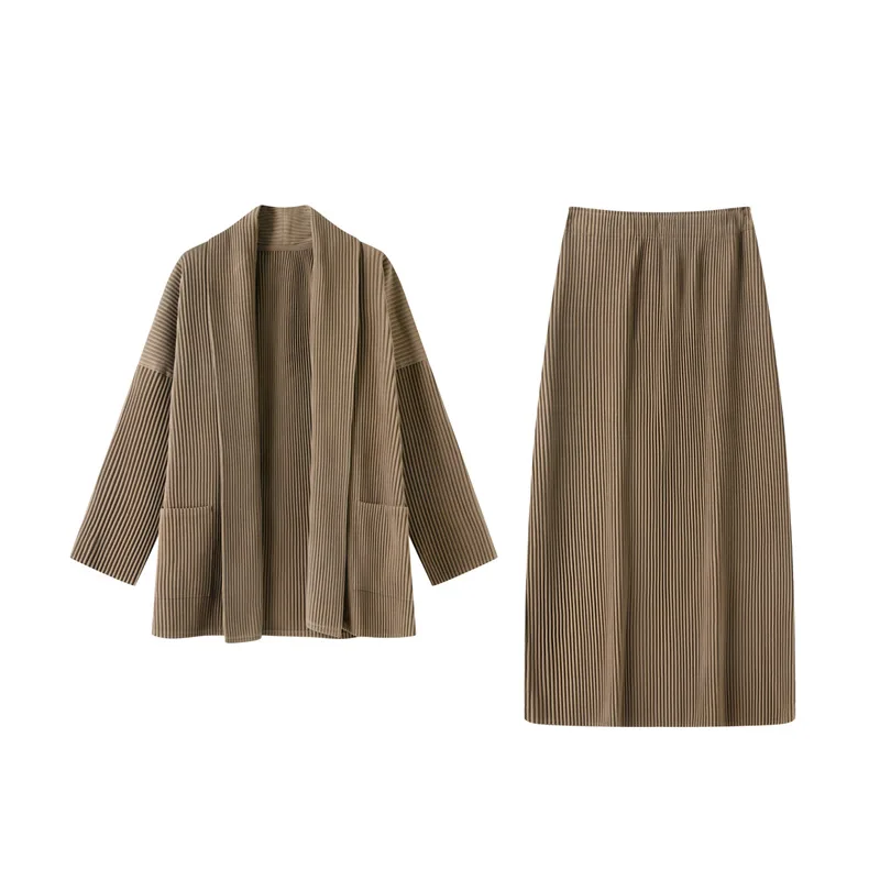 

Miyake Fold 2025 New Cardigan Coat Fashion Dressing Set Medium To Long Pleats Half Skirt Autumn/Winter Top Fold Two Piece Set