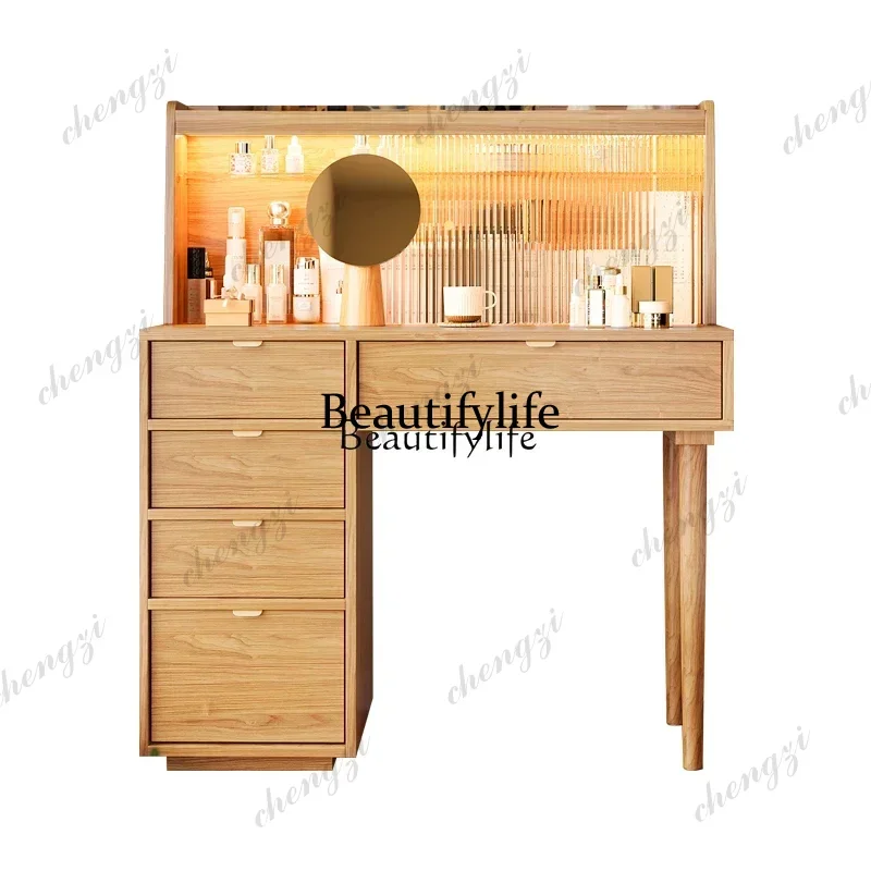 02ld14Japanese Style Log Style Dressing Table Bedroom Small Apartment Desk Makeup Storage Cabinet Integrated with Makeup Mirror
