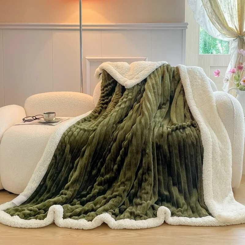 

Soft Striped Rabbit Fur Lamb Wool Blanket Thick Warm Gray Fleece Winter Siesta Multi Functional Cozy Throw for Bed Sofa Home Use