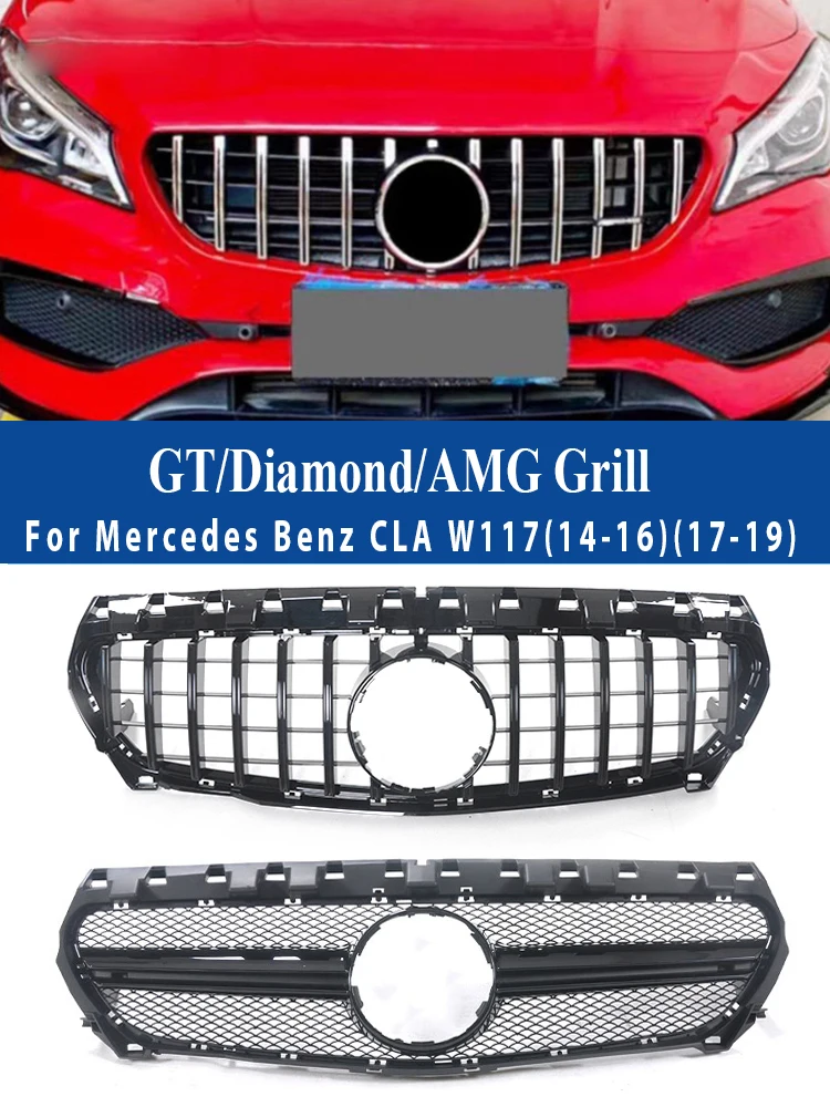 Front Bumper GT Grill For Mercedes CLA W117 2014-2019 Diamond AMG Racing Style Grille Exterior Car Accessories CLA45 CLA35 Style