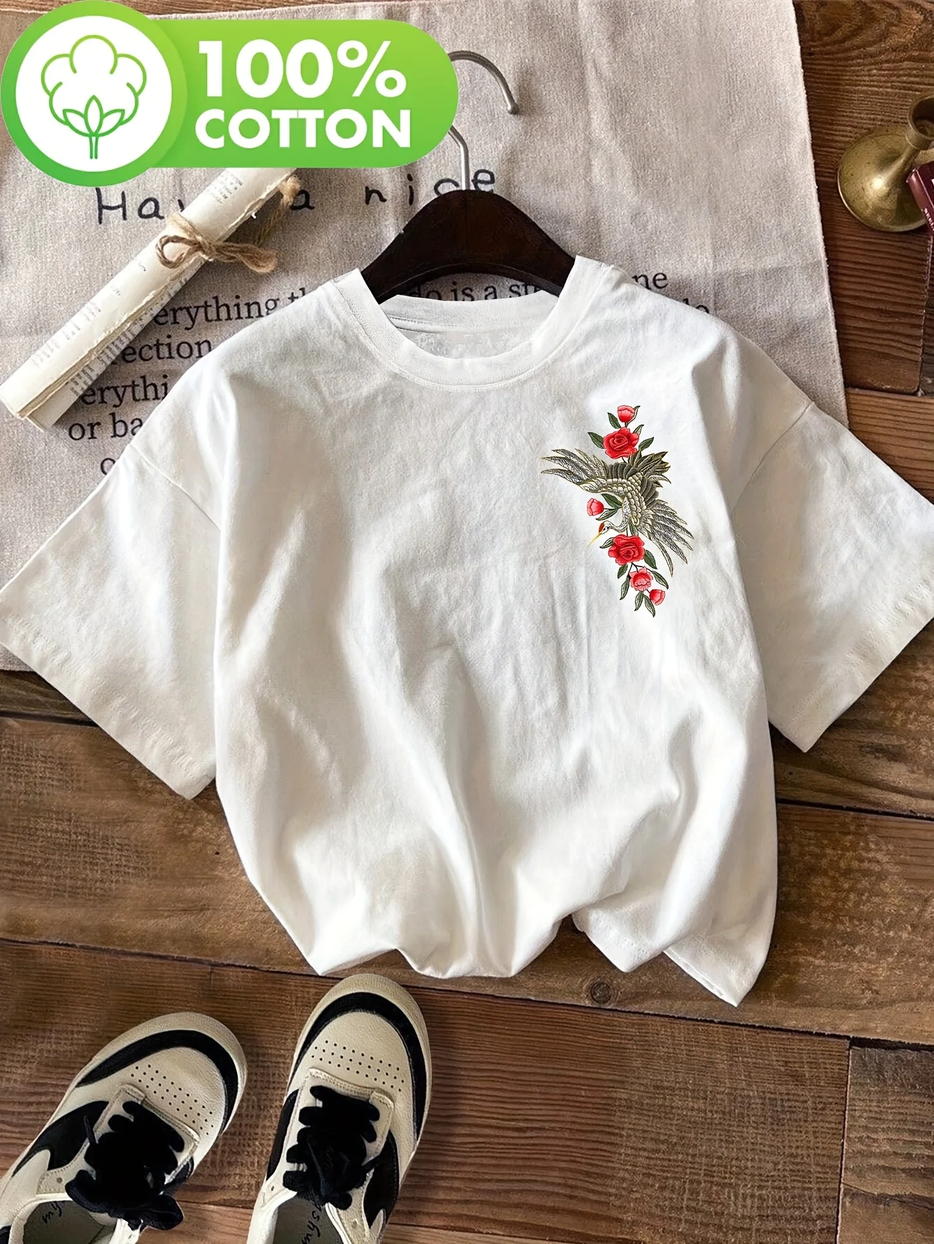 

Fake Embroidered Flying Crane Roses, Japanese White Crane T-Shirt Y2K Women‘s Clothes Cotton Casual T-Shirt Crew Neck Graphic