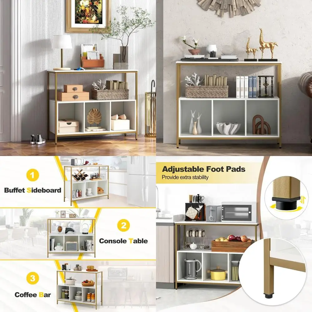 

Modern White Wood Buffet Cabinet with Storage, Sideboard featuring 1 Shelf & 3 Cubbies for Kitchen, Dining, Living Room, or Entr