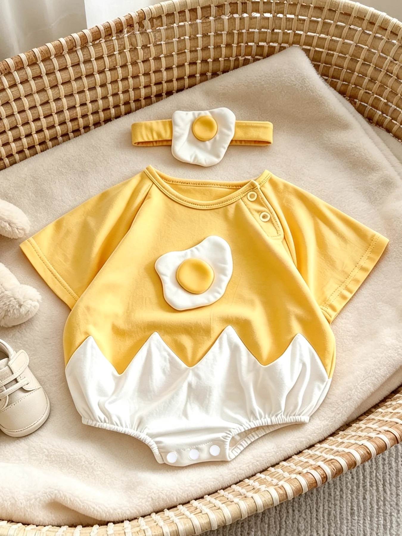 Baby-Strampler mit dreieckigem Schnitt und Fried-Egg-Motiv, passend dazu ein Haarband – ideal für Frühling/Sommer – für Babys von 0–12 Monaten – ein süßes Baby-Outfit für zu Hause. – Detail 2