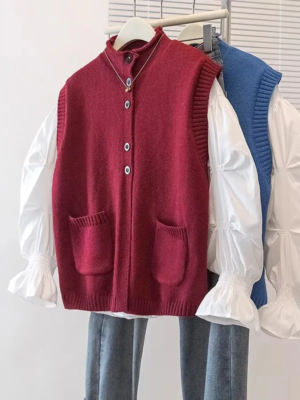 Blue Knitted Vest Outerwear Women's plus Size Cover Belly Layering Tank Top Korean Style Early Spring New Arrival