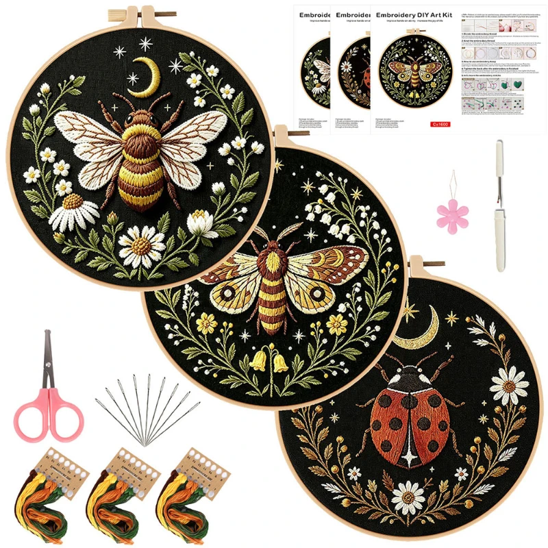 3Pcs/set Stamped Embroidery Kit for Beginners Bee Butterfly Insect Pattern with English Instructions Thread DIY Craft Gift