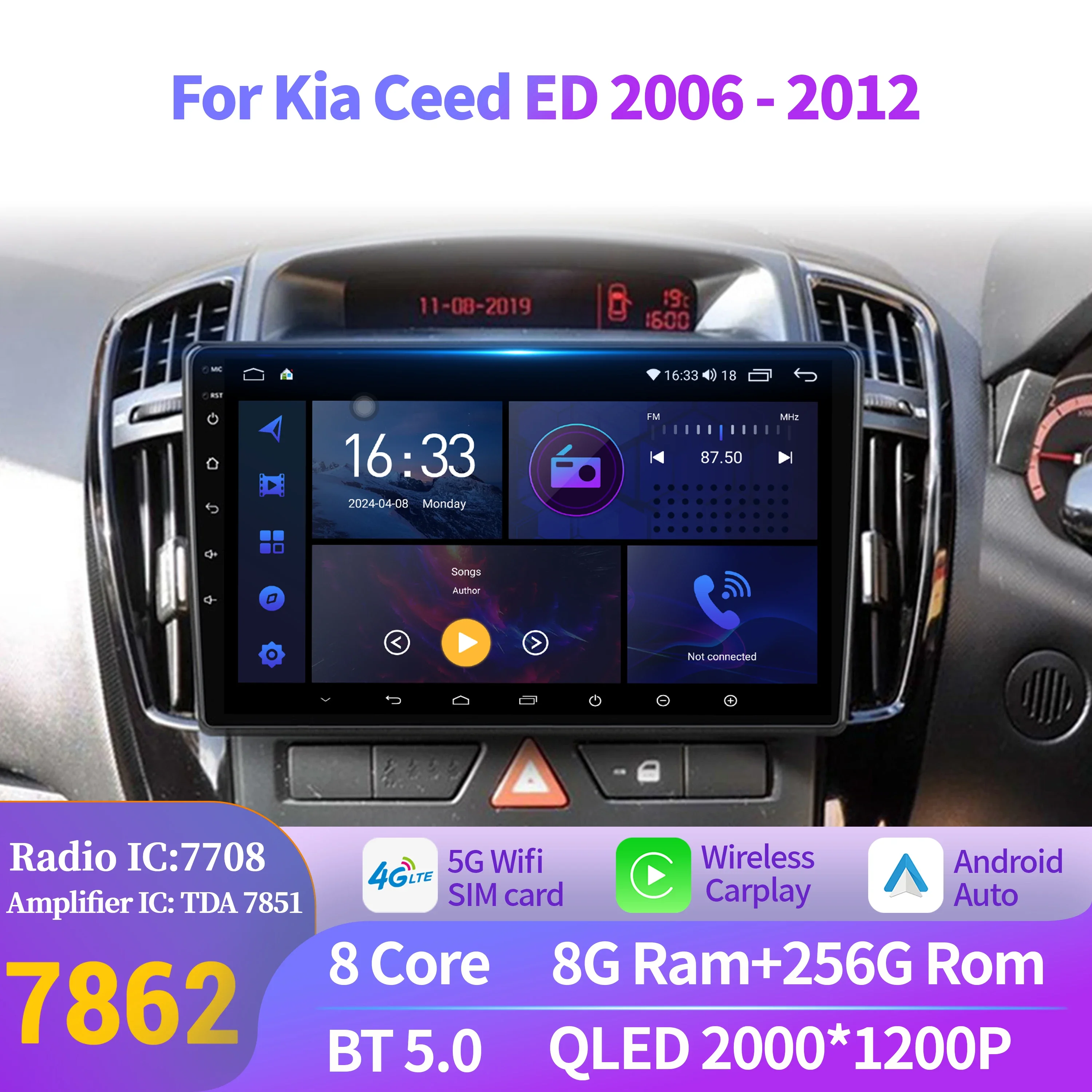 

For Kia Ceed ED 2006-2012 Wireless BT CarPlay Android 14 Radio Car Multimedia Player 7862 8+256 radio Touch 2K QLED Screen