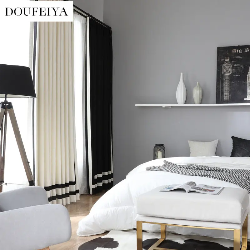 New modern simple light luxury small fragrance cotton linen black and white color matching curtain Nordic living room bedroom