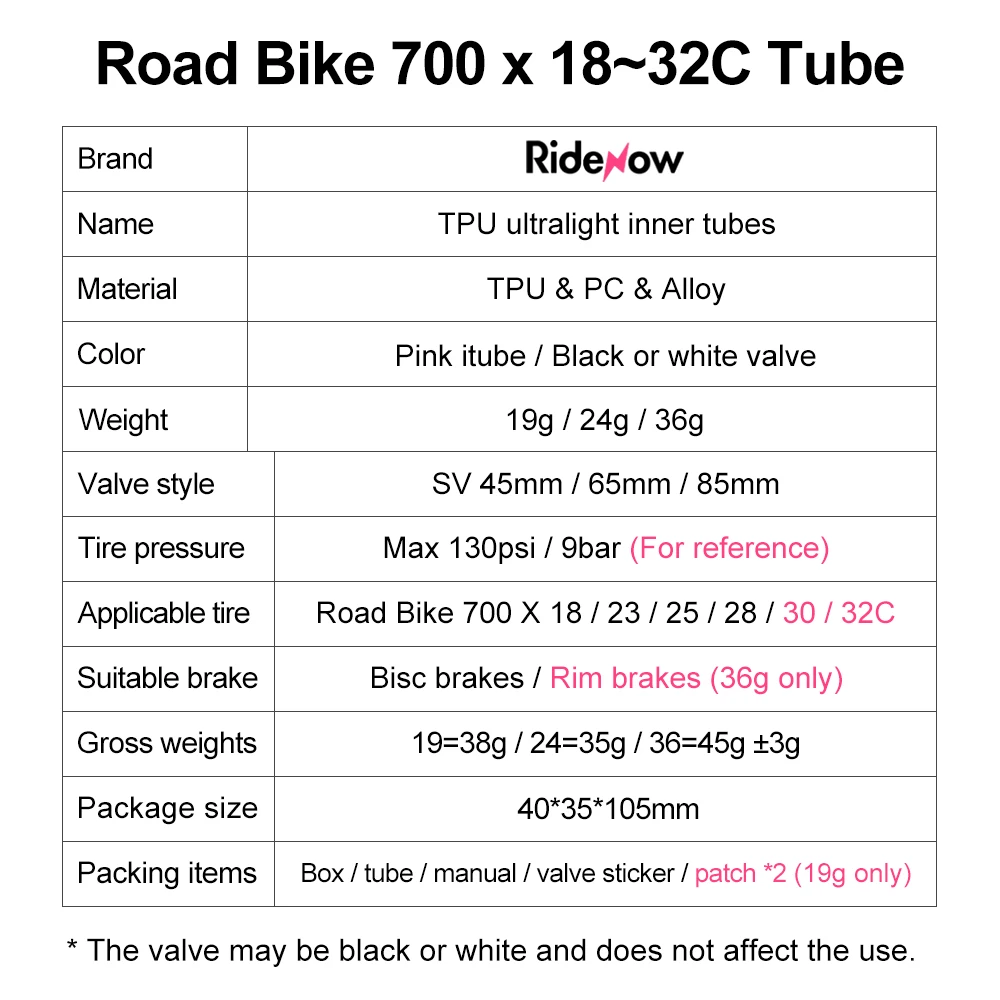 RideNow Ultralight Bicycle TPU Inner Tube 700X18/25/28/32c Road Bike Inner Tube Valve Length FV 45/65/85 Inner Tube Patch Kit