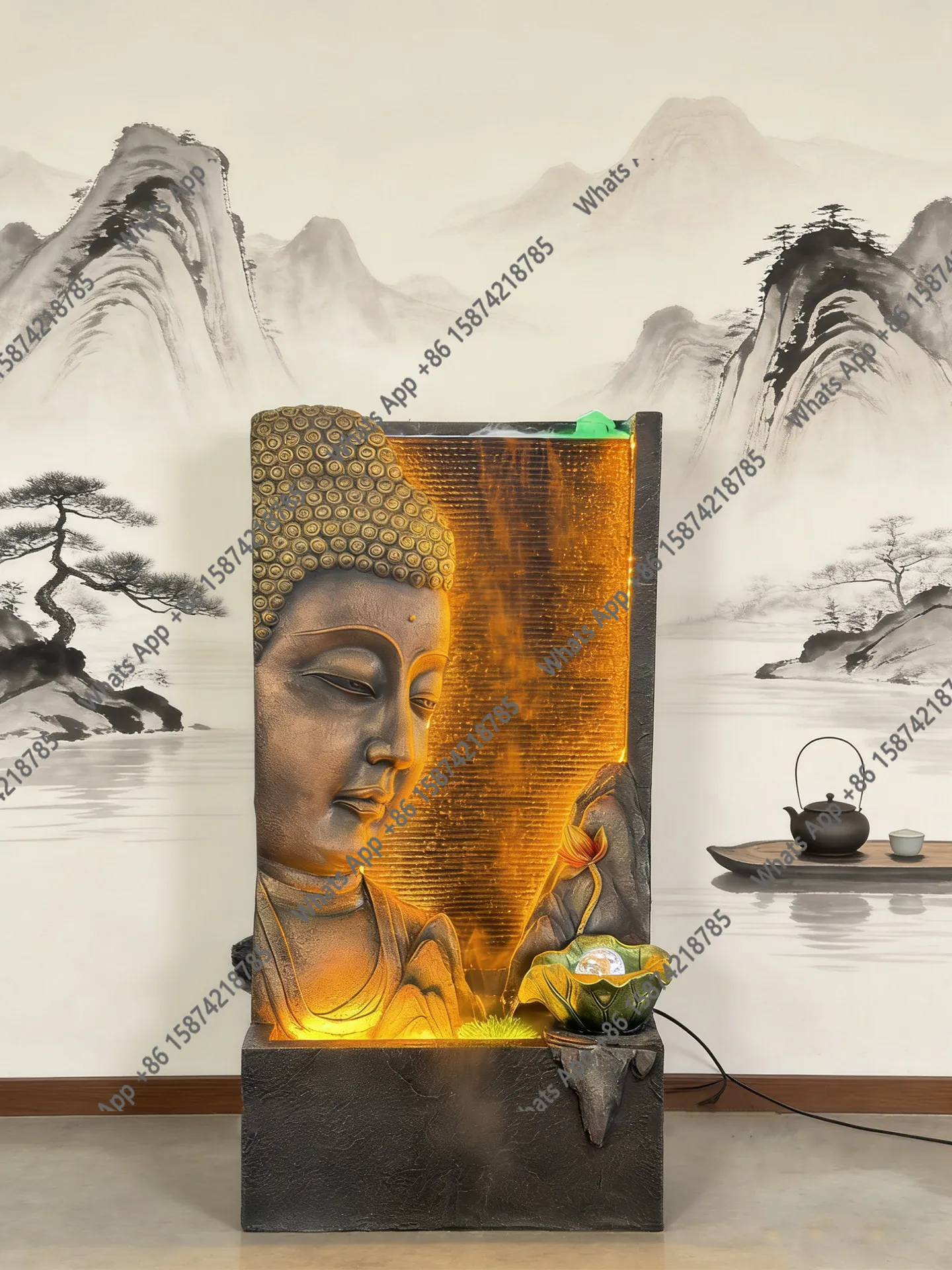 Buddha statue water curtain wall flowing water ornament Buddha head decoration landscaping floor