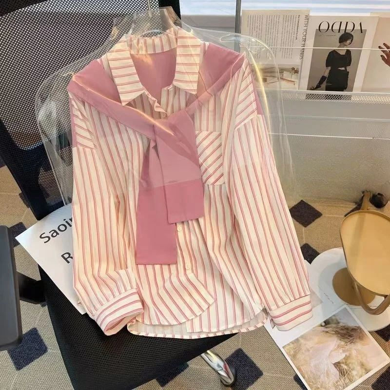 Korean Trend Chic New In Spring Shirts & Blouses Fake 2 Pieces Women's Shirt Casual Matching Lady's Shirt Stripe Long Sleeve Top