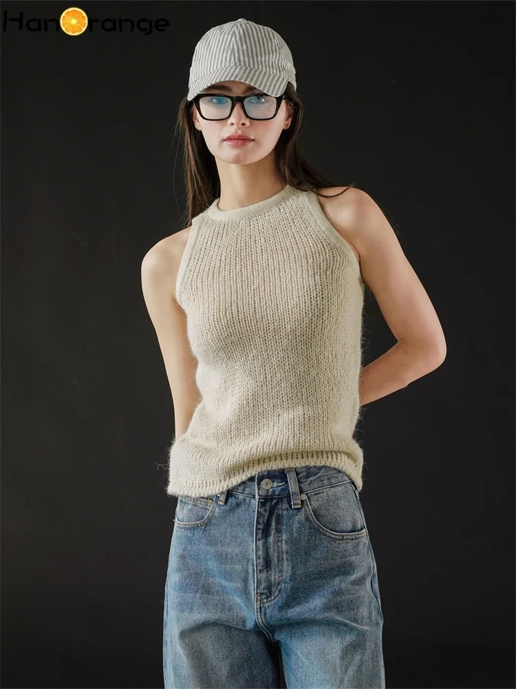 HanOrange 2025 Early Spring Casual O-neck Wool Blends Knitted Vest Women Soft Skin Friendly Top Grey/Apricot