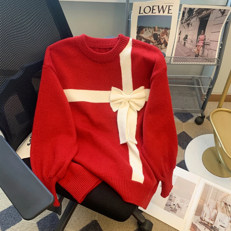 

Винтажный шикарный красный свитер с бантом Женский Зимний новый полосатый вязаный пуловер Y2k Топы с длинным рукавом женские рождественские свитера Mujer