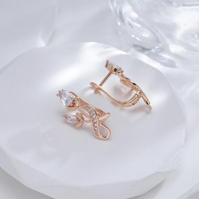SYOUJYO Rose Flower Natural Zircon Drop Earrings For Women 585 Rose Gold Color Bride Wedding Fine Jewelry Luxury Earring Gifts